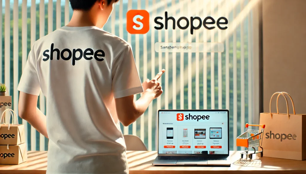 Pessoa vestindo uma camisa com a marca Shopee, de pé em frente a um laptop que exibe o site da Shopee. O fundo é moderno e iluminado, com um esquema de cores claras. A pessoa está apontando para a tela do laptop, destacando o logotipo da Shopee. Sacolas e caixas da Shopee também são visíveis na mesa. Imagem feita por IA.