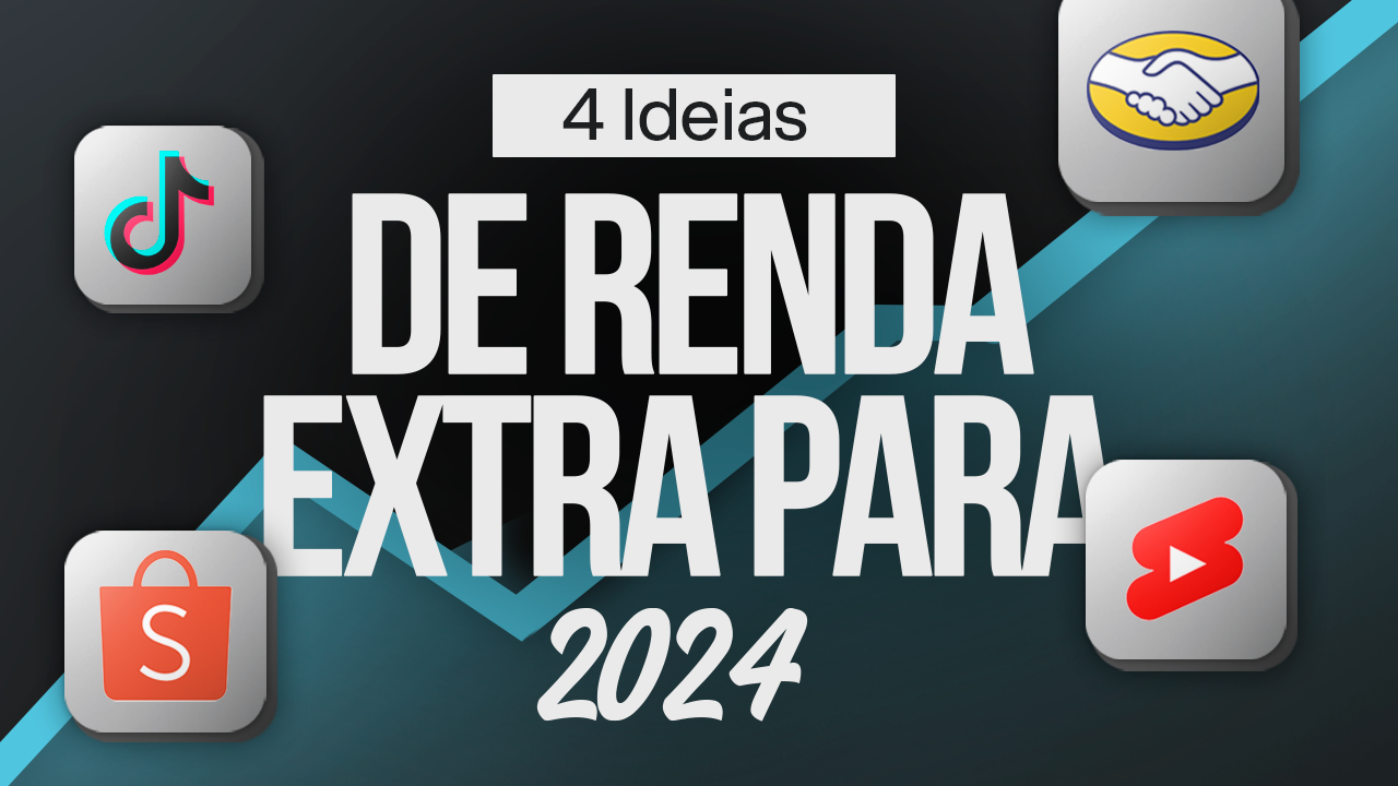 A imagem é um banner que apresenta "4 Ideias de Renda Extra para 2024". O fundo é escuro com um gradiente suave, e no centro, há um texto em branco em negrito. Ao redor do texto, existem ícones representando plataformas populares: o ícone do TikTok no canto superior esquerdo, o ícone do Mercado Livre no canto superior direito, o ícone da Shopee no canto inferior esquerdo, e o ícone do YouTube Shorts no canto inferior direito. A composição visual inclui uma seta ascendente estilizada, simbolizando crescimento ou aumento de renda.