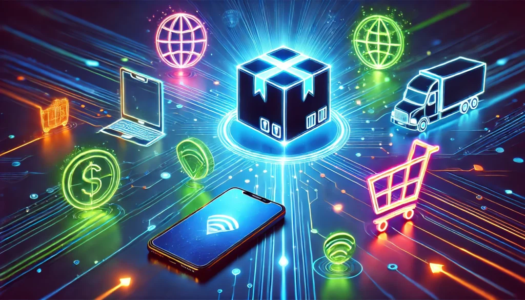 Imagem futurista representando dropshipping em 2024. No centro, um ícone brilhante de pacote está conectado a ícones minimalistas de carrinho de compras, smartphone e laptop, todos em cores vibrantes como azul elétrico, verde neon e laranja intenso. O fundo é um gradiente que vai de azul escuro a ciano brilhante, com linhas dinâmicas representando conexões globais, sugerindo velocidade e eficiência. O design é moderno, nítido e transmite energia. Imagem gerada por IA.