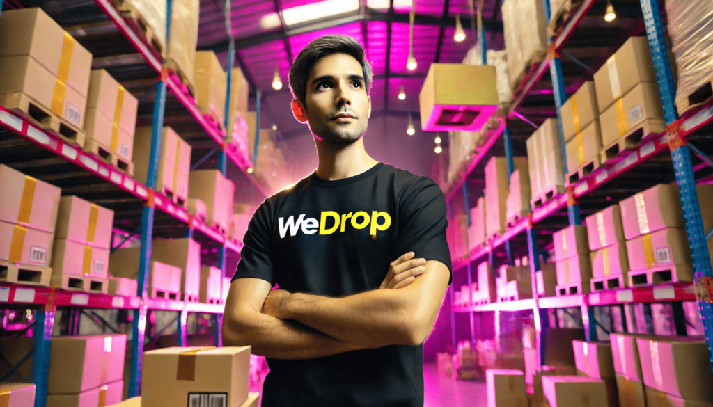 Um homem está em pé no centro de um grande armazém, com os braços cruzados e uma expressão confiante e pensativa. Ele veste uma camiseta preta com o logotipo "WeDrop" em letras brancas e amarelas em destaque. Ao fundo, prateleiras estão cheias de caixas de papelão, sugerindo um ambiente de dropshipping ou comércio eletrônico. A iluminação tem um tom vibrante de neon roxo e rosa, dando ao armazém uma atmosfera moderna e energética. A cena transmite uma sensação de eficiência e inovação em logística ou negócios on-line com foco em escalar vendas.