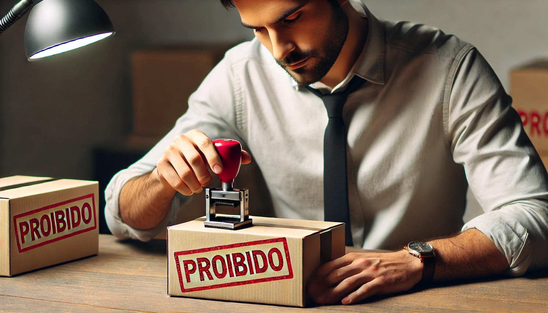 Um homem, sentado em uma mesa, carimba uma caixa com o selo vermelho de "proibido", representando produtos proibidos em marketplaces. A cena foca na ação de inspeção e marcação das caixas, sugerindo a importância de seguir as regulamentações ao vender on-line. O ambiente é simples, destacando o processo de rotular itens que não podem ser comercializados nas plataformas de e-commerce. Imagem gerada por IA.