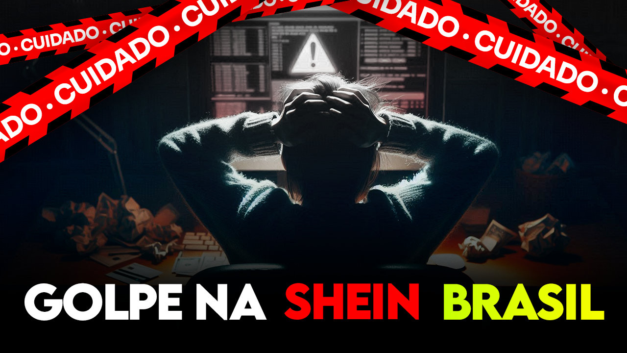 Imagem de alerta sobre golpe na Shein, mostrando uma pessoa sentada de costas, com as mãos na cabeça em sinal de frustração. Ao fundo, um computador exibe um símbolo de alerta, e faixas de 'Cuidado' atravessam a imagem. O texto 'Golpe na Shein Brasil' está destacado na parte inferior, indicando o risco de fraudes na plataforma.